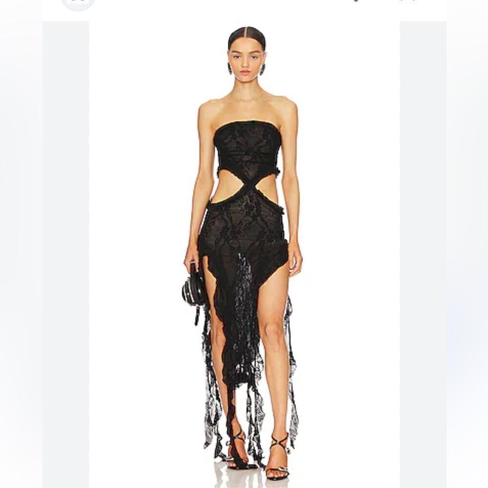 Jaded London Scrunch Lace Ruffle Dress black jellyfish hem cut out Revolve 2 S